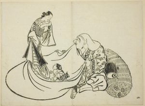 Daikoku paljastaa Hotein laukun sisällön, nro 2 12 vedoksen sarjasta. tekijältä Okumura Masanobu