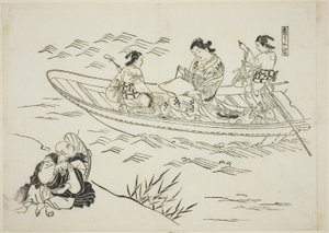 Eguchi ja rakkauden kalastusvene (Koi no tsuribune Eguchi), nro. 4 12 vedoksen sarjasta, joka kuvaa näytelmien parodioita. tekijältä Okumura Masanobu