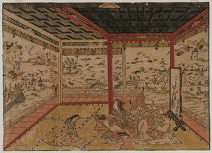 Lady Murasaki Ishiyamassa näköalalla panoraamalle, josta on seitsemän näköalaa Biwa-järvelle, 1740-luku. tekijältä Okumura Masanobu