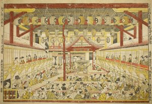 Suuri perspektiivikuva Kaomise-esityksestä Kabuki-lavalla tekijältä Okumura Masanobu