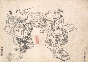 Mizuki Kikusaburo naisena seisomassa pienen puron lähellä ja katsomassa vaeltajaa..., luultavasti 1709. tekijältä Okumura Masanobu