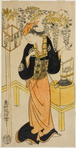 Näyttelijä Sanogawa Mangiku I Ohatsuna näytelmässä "Sogazaki Shinju", joka esitettiin Nakamura-teatterissa neljännellä kuukaudella 1719 tekijältä Okumura Masanobu