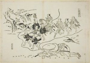 Kuriiri Kantan haaveilee itsestään Daimyona (Hikyaku Kantan: yume no daimyo), ei. 8 12 vedoksen sarjasta, jotka kuvaavat näytelmien parodioita tekijältä Okumura Masanobu