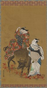 Kaksi kabuki-näyttelijää vesipuhvelin kurtisaanin ja matkustavan papin roolissa, 1686-1764. tekijältä Okumura Masanobu