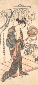 Nainen löystyneessä kimonossa tulossa kylpylästä, n. 1755, n. 1755. tekijältä Okumura Masanobu