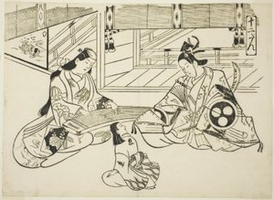 Yoshitsune (Ushiwaka) ja prinsessa Joruri, sarjasta "Famous Scenes from Japanese Puppet Plays (Yamato irotake)" tekijältä Okumura Masanobu