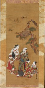 Yukihira und zwei Bräutjungfern in Suma tekijältä Okumura Masanobu