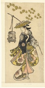 Nuori nainen lintuhäkin kanssa tekijältä Okumura Toshinobu (attributed to)