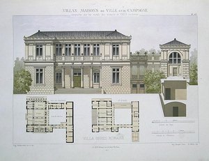 Villa Greco Romaine, kaiverrus Walter, levy 49 julkaisusta "Villas, Maisons de Ville et de Campagne", julkaistu Pariisissa (väri litho) tekijältä Olive (after)
