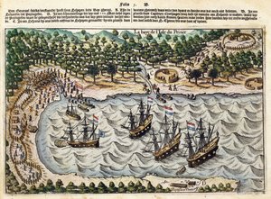 Näkymä hollantilaislaivasta satamassa, n. 1598-1602 tekijältä Olivier van Noort