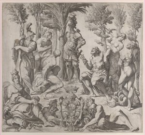 Allegorinen sävellys, jossa kuusi olympialaista jumalaa kokoontui panssarihahmon ympärille, 1615-35, 1615-35. tekijältä Oliviero Gatti