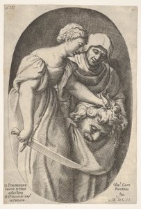 Judith Holofernesin pää vasemmassa kädessään ja miekka oikeassa kädessään, saattaja..., 1606. tekijältä Oliviero Gatti
