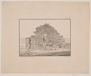Kirkon rauniot Grönlannissa. Kuvitus W.A. Grah. Tutkimusmatka Grönlannin itärannikolle