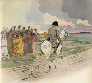 Kuvitteellinen kuva Napoleonista hevosen selässä saamassa Euroopan sotilaiden kunnioitusta tekijältä Onfray de Breville Job