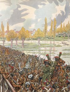 Napoleon ylittää Elsterin sillan armeijansa kanssa pahaenteisen näköinen taivas tekijältä Onfray de Breville Job