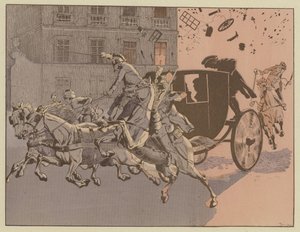 Napoleon pakenee ihmeellisesti pommin, koneenfernalen, räjähdyksestä Rue Saint-Nicaisella, Pariisissa, 24. joulukuuta 1800. tekijältä Onfray de Breville Job