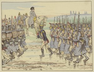 Napoleon katselee, kun Ranskan sotaretken viimeinen armeijakunta marssii ohi Reimsin lähellä, 16. maaliskuuta 1814. tekijältä Onfray de Breville Job