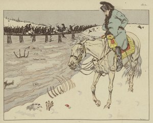 Napoleon katselee Grand Armeensa jäänteitä Berezina-joen varrella vetäytyessään Moskovasta, 1812 tekijältä Onfray de Breville Job