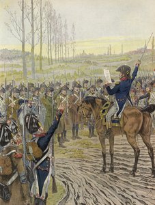 Napoleonin sanat luetaan joukoilleen Reinin sotaretkellä 1805.