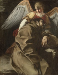 Pyhä Fransiskus enkelin tukemana, noin 1607 (öljy kankaalle). tekijältä Orazio Gentileschi