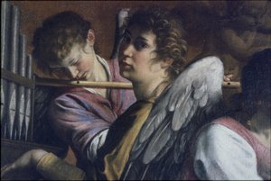 Ympärileikkaus. Yksityiskohta: Artemisia Gentileschi hahmona Saint Cecilia, c. 1620. tekijältä Orazio Gentileschi
