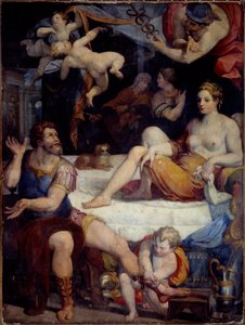 Troijan sota: "" Merkurius käskee Eneet hylkäämään Didonin"" Orazio Samachinin (1532-1577) maalaus 1500-luvun aurinko. 2,49x1,78 m tekijältä Orazio Samachini