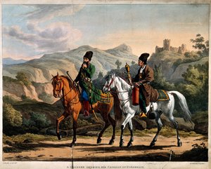 Persialainen polttaa vesipiippua hevosen selässä, noin 1820