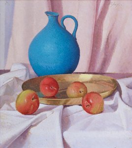 Kompositio omenoiden ja kannun kanssa, 1940-41 (öljy kartongille). tekijältä Oscar Ghiglia