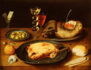 Paahdettua kanaa, kinkkua ja oliiveja tinalautasella (öljy paneelille) tekijältä Osias the Elder Beert