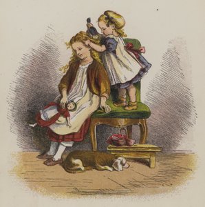 Pieni tyttö harjaa siskonsa hiuksia (väri litho)
