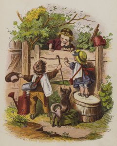Kolme lasta juttelemassa puutarha-aidan yli (väri litho) tekijältä Oskar Pletsch