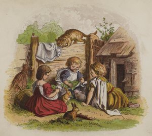 Kolme tyttöä leikkimässä lemmikkikanien kanssa, kissa katselemassa (väri litho) tekijältä Oskar Pletsch