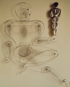 Homo, lankahahmo, jossa takakuvahahmo kädessään tekijältä Oskar Schlemmer