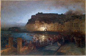 Ilotulitus Napolissa (Italia) - Oswald Achenbachin (1827-1905) maalaus, öljy kankaalle