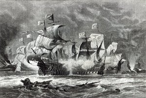 Ang Vanguard, sa ilalim ni Sir William Winter, na nakikipag-ugnayan sa Spanish Armada, mula sa 