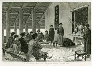 Hääseremonia Tonkinissa. Tofanin kaiverrus havainnollistamaan tarinaa Trente mois au Tonkin, vuonna 1884, tohtori Paul Hocquard, in le tour du monde 1890 Edouard Chartonin (1807-1890) johdolla, Hachette, Pariisi. tekijältä Oswaldo Tofani