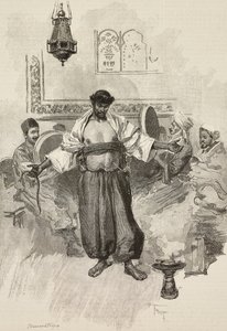 Aissawa-tanssi, marokkolainen uskonnollinen veljeskunta, yleisnäyttelyssä 1889, Pariisi, Ranska, kaiverrus E Mancastroppa Osvaldo Tofanin piirroksesta L