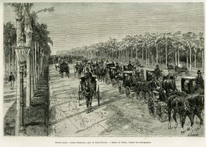 Buenos Aires, Sarmiento Avenue, Kolmen helmikuun puisto. Tofanin kaiverrus havainnollistamaan tarinaa Voyage a la Plata, vuonna 1886, kirjoittanut Emile Daireaux, in le tour du monde 1888, ohjannut Edouard Charton (1807-1890), Hachette, Pariisi. tekijältä Oswaldo Tofani