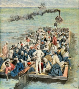 Madagaskarin retkikunnan haavoittuneiden saapuminen laivasairaalaan vuonna 1896 (kaiverrus).