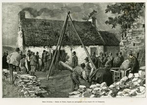 Häätökohtaus. Tofanin kaiverrus havainnollistamaan tarinaa Kolme kuukautta Irlannissa, vuonna 1889, Marie Anne de Bovet, in le tour du monde 1890, ohjaaja Edouard Charton (1807-1890), Hachette, Pariisi. tekijältä Oswaldo Tofani