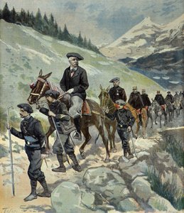 Felix Faure alppimetsästäjien kanssa Alppimatkalla vuonna 1897 (kaiverrus).