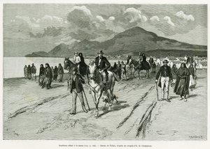 Saaristolaiset menossa messuun. Tofanin kaiverrus havainnollistamaan tarinaa Trois mois en Irlande, vuonna 1889, Marie anne de Bovet, in le tour du monde 1890, ohjaaja Edouard Charton (1807-1890), Hachette, Pariisi. tekijältä Oswaldo Tofani