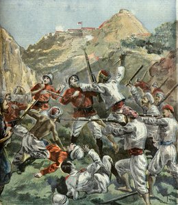 Britit hyökkäävät Mala - Khanin linnakkeen kimppuun kapinan aikana Intiassa vuonna 1897 (kaiverrus).