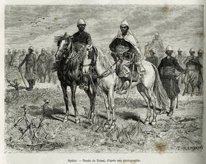 Retkikunnan saattajan spahit. Tofanin kaiverrus havainnollistamaan merijalkaväen komentaja Gallienin Haut Nigerin tutkimustarinaa vuosina 1880-1881, julkaistu Tour du mondessa, Edouard Chartonin (1807-1890) johdolla tekijältä Oswaldo Tofani