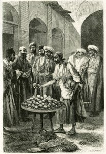 Kalastuskauppias Kachanissa (tai Kashanissa Teheranin maakunnassa, nykyisessä Iranissa). Tofanin kaiverrus valokuvasta havainnollistamaan tarinaa "" Persia, Chaldee ja Susiane"" vuosina 1881-1882, kirjoittanut Jane Dieulafoy (s. Magre tekijältä Oswaldo Tofani