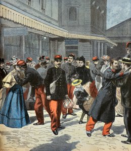 Luokan palautus. Varusmiespalveluksen jälkeen sotilaat palaavat perheidensä luo 1897 (kaiverrus).