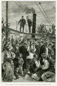 Laivan kansi. Tofanin kaiverrus havainnollistamaan tarinaa Voyage en Thessalie vuonna 1882, Paul Monceaux, in le tour du monde 1887, ohjaaja Edouard Charton (1807-1890), Hachette, Pariisi. tekijältä Oswaldo Tofani