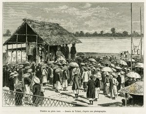 Teatteri tuulessa. Tofanin kaiverrus valokuvan jälkeen havainnollistamaan tarinaa Trente mois au Tonkin, vuonna 1884, tohtori Paul Hocquard, in le tour du monde 1890 Edouard Chartonin (1807-1890) johdolla, Hachette, Pariisi. tekijältä Oswaldo Tofani