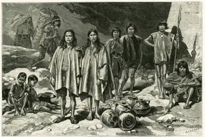 Ecuadorin Cordillere-intiaanityypit, vasemmalla, taustalla, Nanegalin Yumbos, etualalla Lojanos, keskellä pari Zaparoa, oikealla Jivaros-soturit. Tofanin kaiverrus, asiakirjoihin perustuva, havainnollistamaan storia tekijältä Oswaldo Tofani