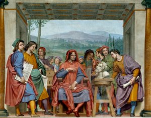 Laurent de Medici (1449-1492) (Laurent the Magnificent: Lorenzo il Magnifico) istuu firenzeläisten taiteilijoiden keskellä Hän ihailee Michelangelon (Michelangelo, Michel Ange) eläimistön päätä. Ottavio Vanninin fresko (1585-1643). 1635 suunnilleen Sala
